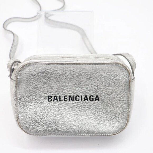 Balenciaga Logo Everyday Leather Crossbody Camera Bag 552372 - Silver - Picture 1 of 16
